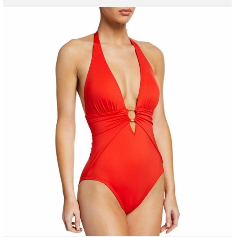 Carmen Marc Valvo Red plunge One Piece Swimsuit‎ Gold Ring Ruched Front Size 6
